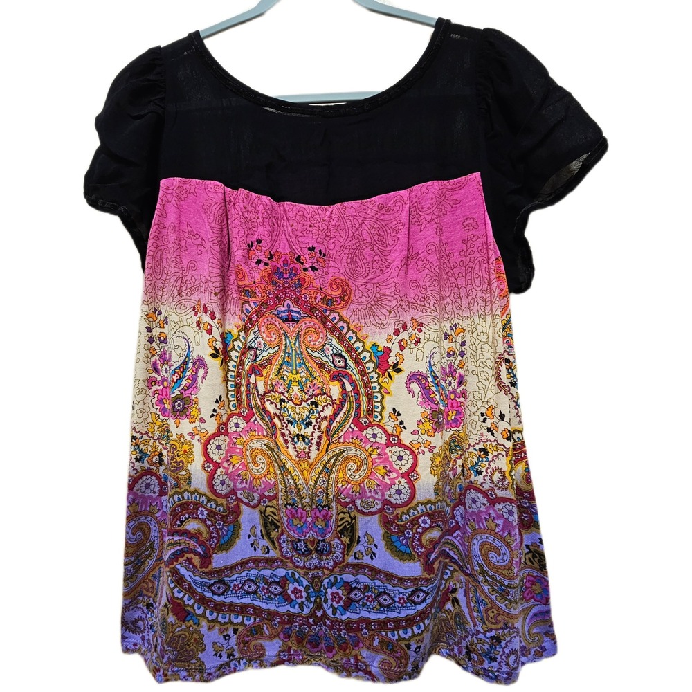 Bila Bohemian Short Sleeve‎ Sheer & Lace Detail Multicolor Floral Blouse Size XL - Picture 2 of 9